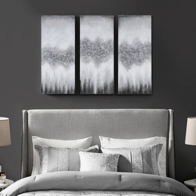 Art mural sur toile lourdement texturé, abstrait gris et noir avec pierres naturelles scintillantes, l 15 po x H 35 po x P 1,5 po, pièce d'art lumineux, 3 embellissements lourds, abstrait, paillettes, intérieur