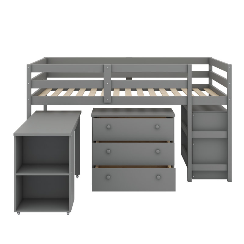 Lit mezzanine bas avec armoire de rangement et bureau portatif à roulettes, Grey