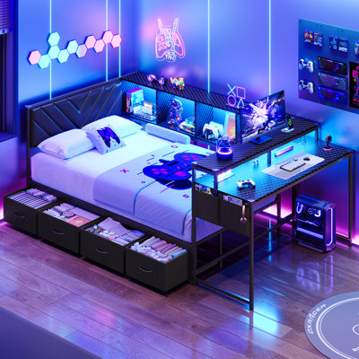 Twin Daybed with Desk, 4 Storage Bookcases and 4 Drawers, Convertible Corner Bed Frame with LED Light and Power Strip, Esports-Style Twin Size Gaming Beds for Teens, Space-Saving Guest Bed for Small Rooms, Black