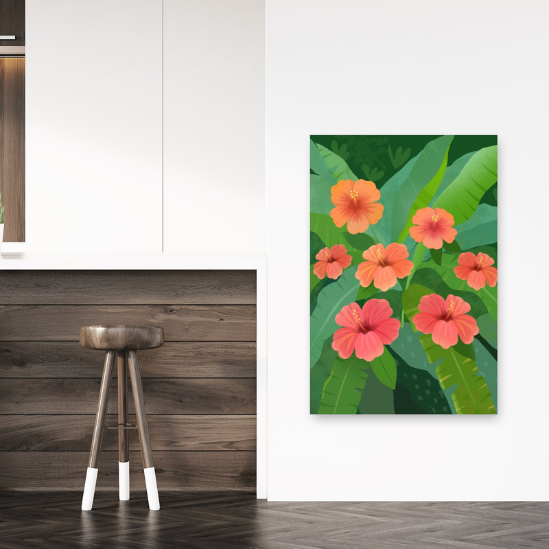 Illustration murale abstraite et colorée représentant une fleur d'hibiscus, avec un feuillage floral et des motifs floraux.