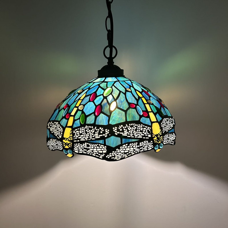 Luminaire suspendu Kleist Tiffany avec libellule en verre coloré bleu vert l 12 po x P 12 po x H 60 po