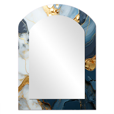 Or et art géode bleu V - miroir mural décoratif à encre liquide asymétrique, grand miroir en arc doré, impression d'art en métal