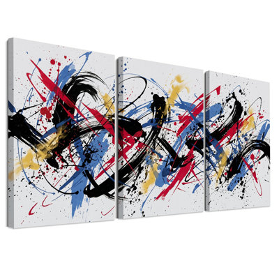 Red Blue Black Abstract Brushstroke Splatter Set Of 3 Canvas Wall Art