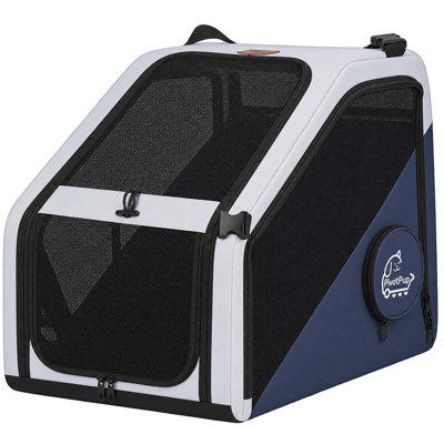 26.4 in. Foldable Pet Travel Carrier 26.4 x 17.7 x 21.3 in., Mesh and Steel, 1-Piece Set, Pet Carrier, Blue, Calming Window with Internal Tether and Safety Straps