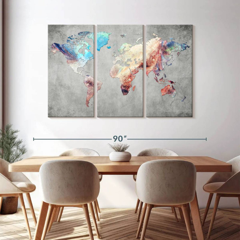 Carte du monde artistique sur toile, ensemble de 3 pièces, H 48 po x l 74 po x P 1,25 po
