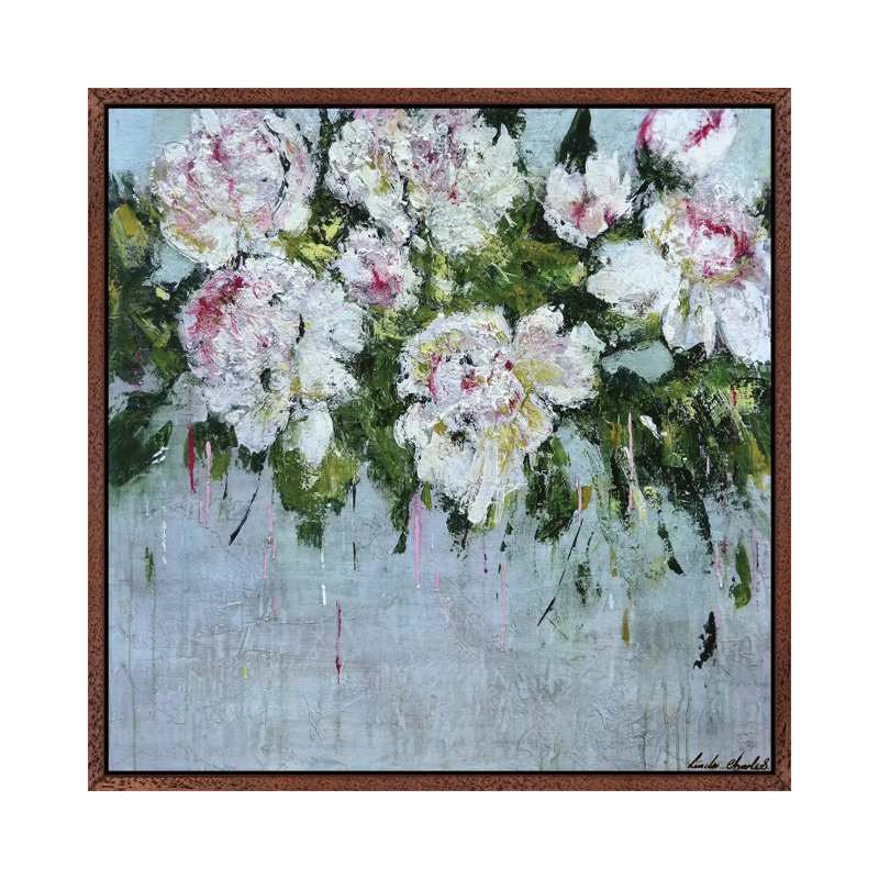 White Peonies by Linda Charles - Painting on Canvas, 66.04cm H x 66.04cm W x 3.81cm D, Classic Brown Wood Floater Framed