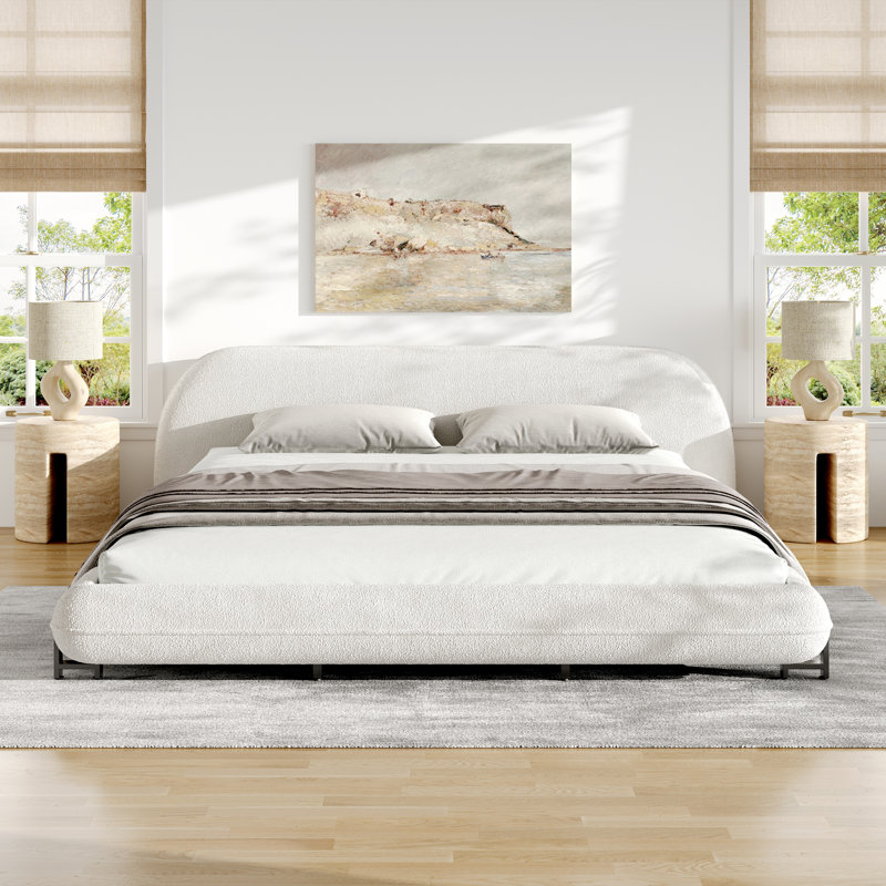 Bed Frame With Boucle Fabric, Upholstered Platform Bed With Curve-Shaped Design & Thick Headboard, California King