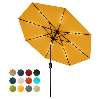 Parasol solaire à DEL pour patio 10 pi - 40 lumières, 8 baleines, imperméable, résistant aux rayons UV, manivelle inclinable, abat-jour de table de marché extérieur pour la cour, la piscine, la terrasse, la salle à manger - orange