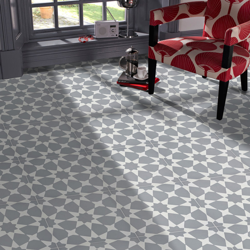 Medina 8" x 8" Cement Patterned Wall & Floor Tile, Gray/White