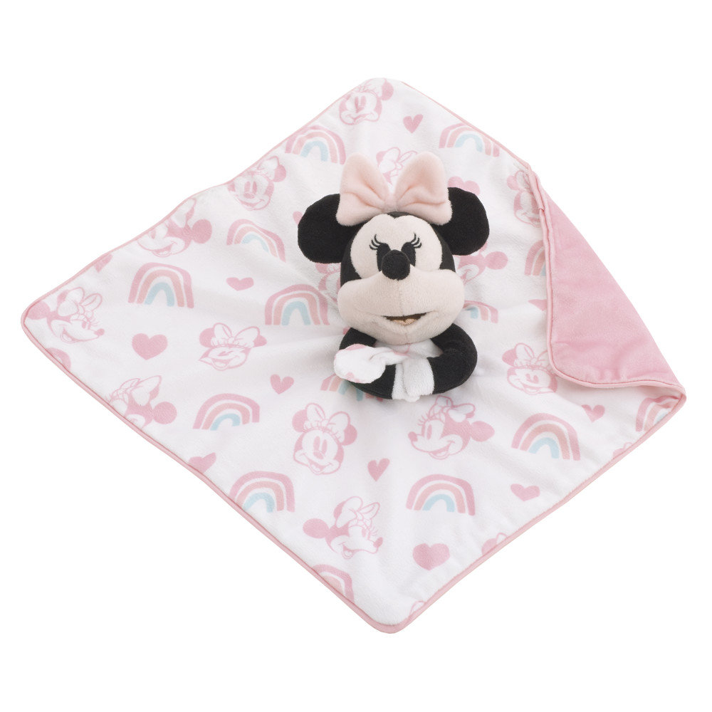 NoJo Disney Minnie Mouse White, Pink, and Aqua Rainbow and Heart Lovey Security Blanket Disney