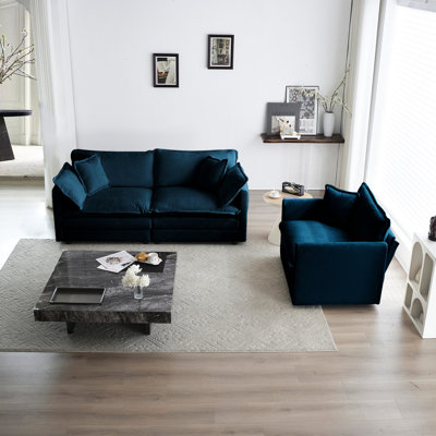 2 chaises rembourrées en chenille et chaise d'appoint, tissu respirant, mobilier confortable pour chaise de maison en chenille bleue, structure, éponge, décoration de salon élégante