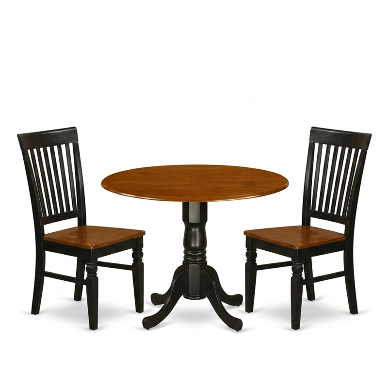 Ensemble de cuisine ronde 3 pièces en bois d'hévéa au fini cerisier noir avec chaises à dossier à lattes