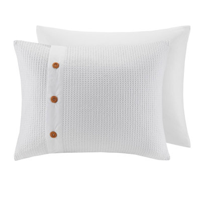 White Full/Queen Comforter - 3 Piece Cotton Waffle Weave, Machine Washable, Decorative Wood Button Enhancements For A Cozy Night 100% Weave Piece, Trim Relaxing Bedroom