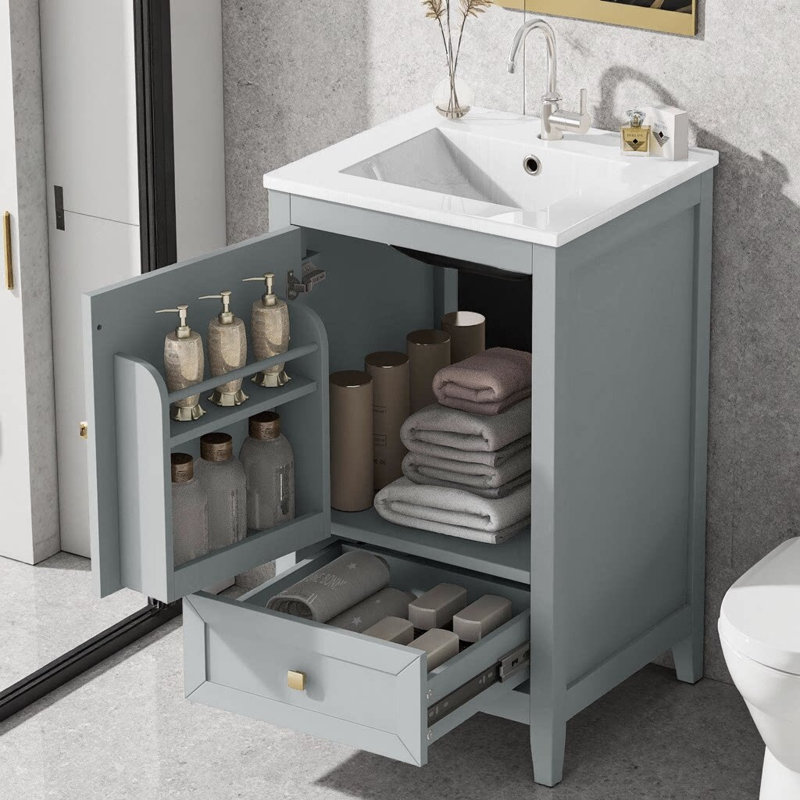 Meuble-lavabo compact 20 po avec lavabo en céramique, Gris