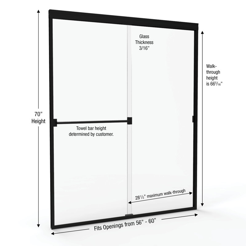 Classic 60" in. x 70 in. Semi-Frameless Sliding Shower Door Matte Black Finish Rain Glass