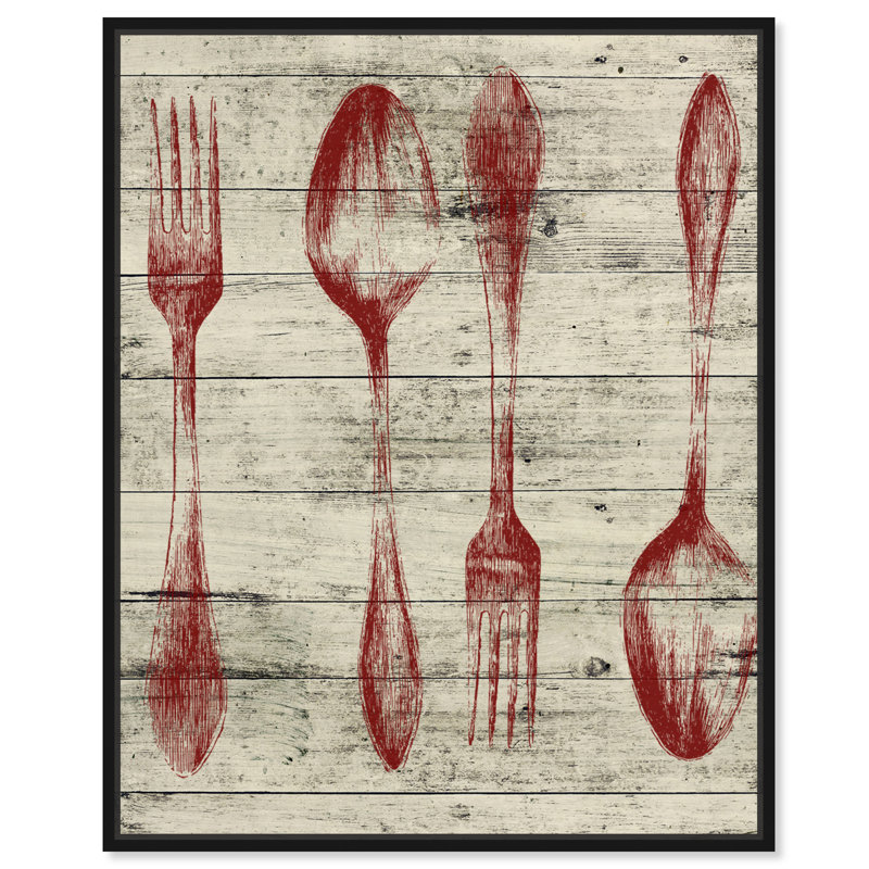 Cuisson des cuillères de cuisine et chef - Reproduction d'art graphique sur toile, Cadre noir, H 20 po x l 16 po x 1,5 po