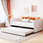 Lit de jour simple rembourré avec dossier ergonomique et gigogne, beige