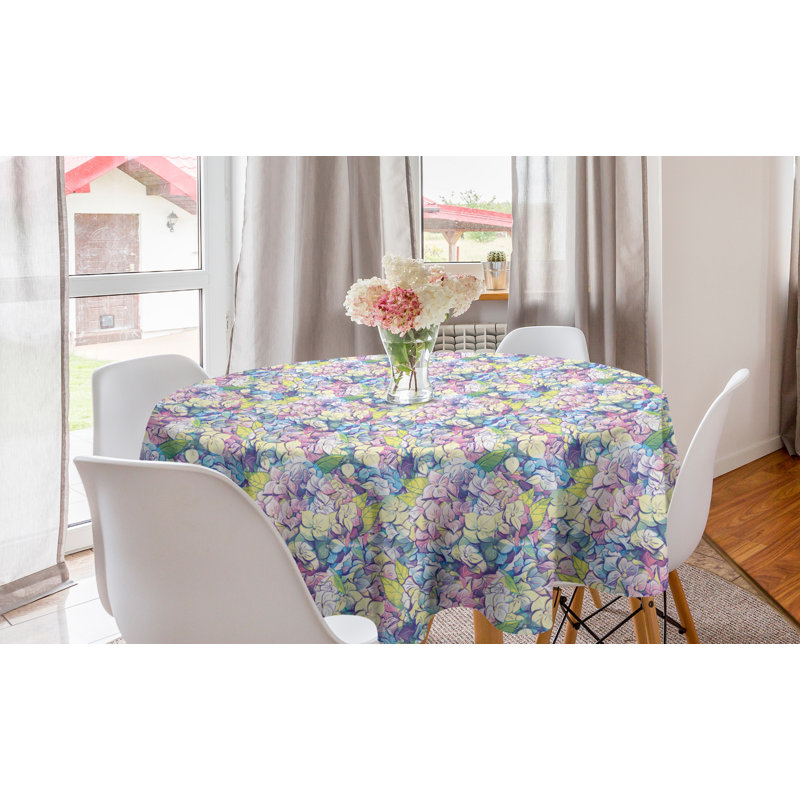 Floral Round Tablecloth, Pattern Of Spring Tone Hydrangea Flowers Clutter Soft Tone Continuing Nature Art, Circle Table Cloth Cover For Dining Room Kitchen Decoration, 60", Multicolor