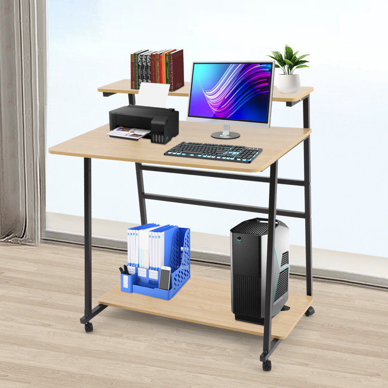 31.5" 3-Tier Rolling Computer Desk Modern Simple Computer Desk Flexible Home Office Desk Anti-Slip Free Standing, Yellow