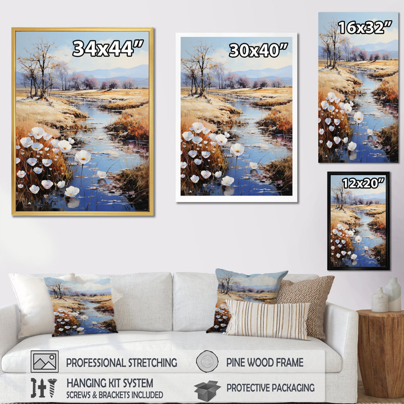 Countryside Small River Reverie, reproduction d'art sur toile encadrée, Cadre simple argenté, H 40 po x l 30 po x P 1,5 po
