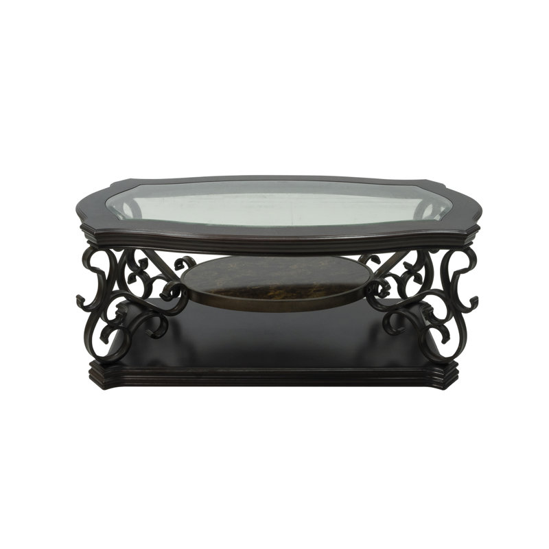Agawam Glass Coffee Table with Marble Shelf & Metal Legs