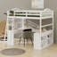 Lit mezzanine en bois avec bureau en U, compartiments de rangement et miroir à trois volets-971562485