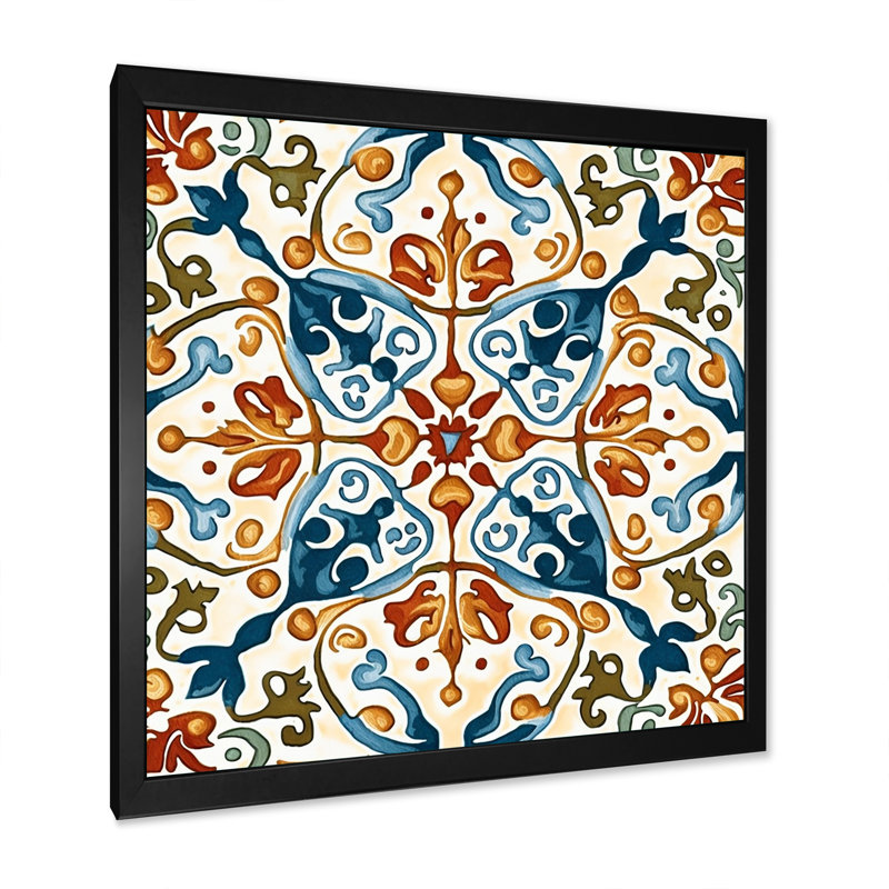 Carrelage méditerranéen rétro bleu III - abstrait, grand art mural, Impression noire sur toile encadrée, L 16 po x H 16 po