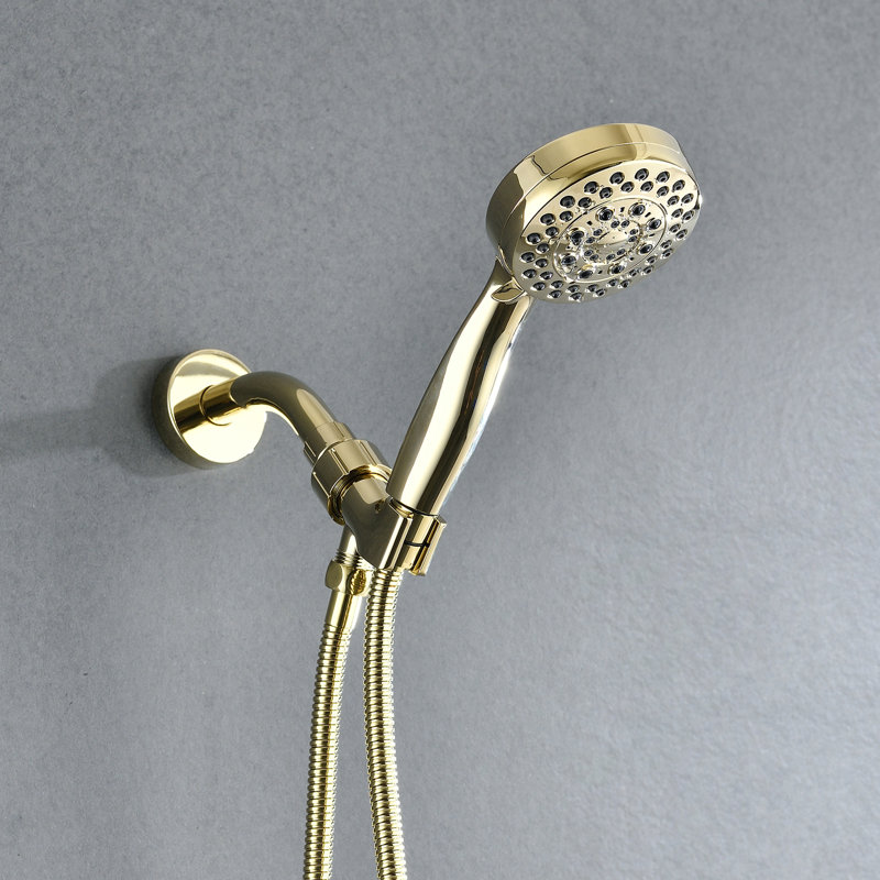 Douchette à main avec 5 réglages réglables - Support pivotant en cuivre fin et haut, forme ronde, eau et force de jet, comprend mode tête de tuyau poli doré, qualité ABS, performance constante, tuyau,