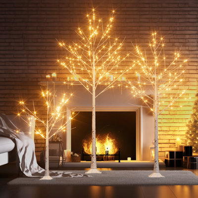 Bouleaux illuminés - Arbre artificiel à DEL blanc chaud pour Noël, décoration intérieure et extérieure, 4 pi + 6 pi + 8 pi (paquet de 3)