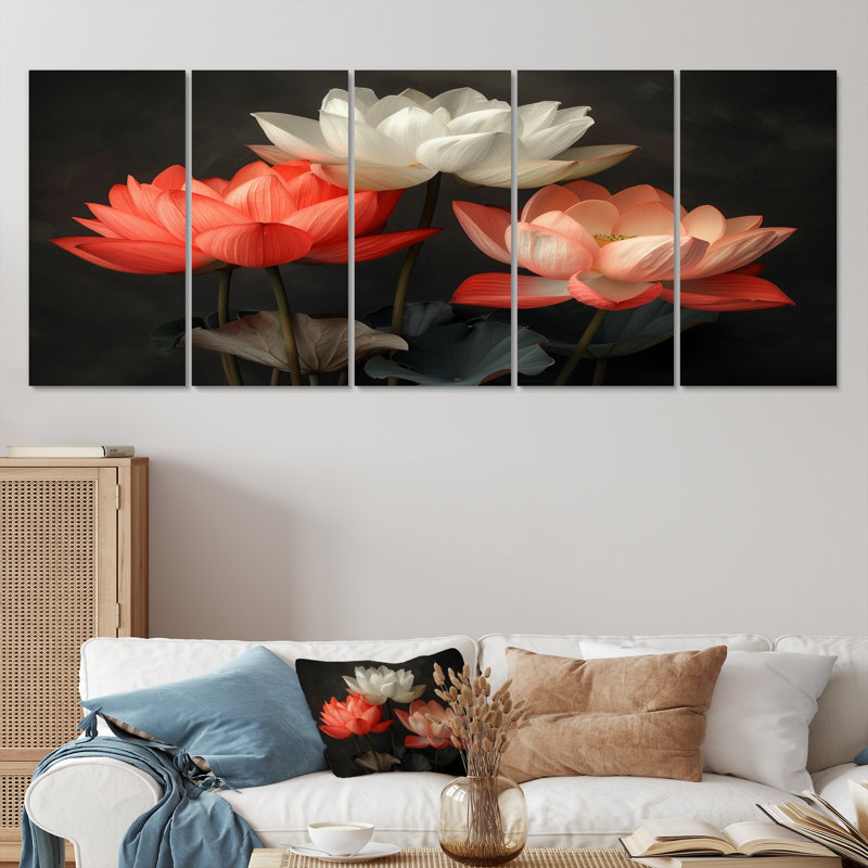 Ensemble de photos murales rouges et rouges rétro Glamour Lotus II, H 28 po x l 60 po