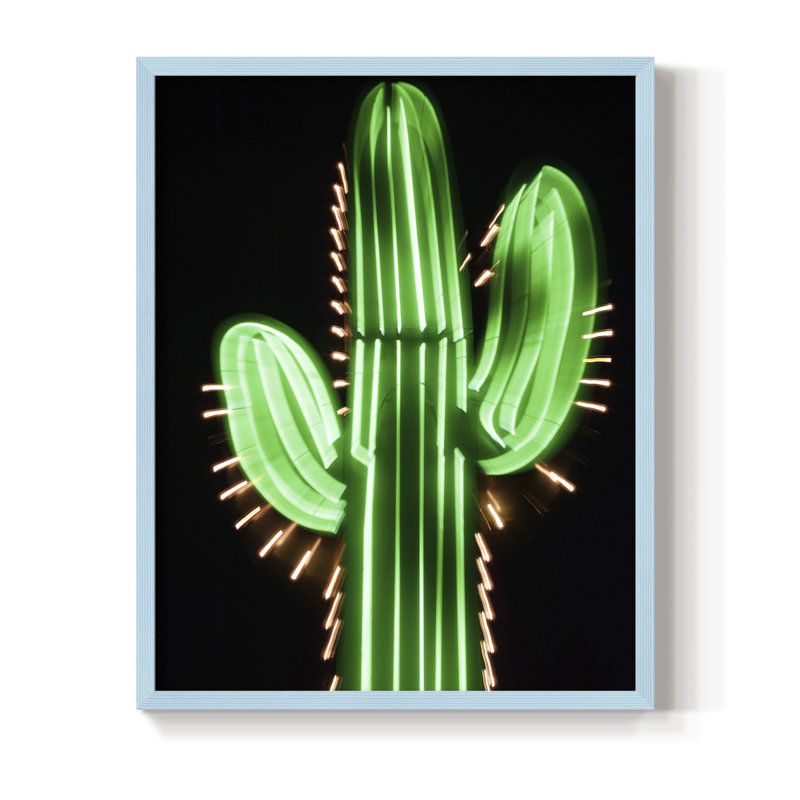 Reproduction encadrée de cactus néon - bois massif, H 15 po x l 12 po, Bleu