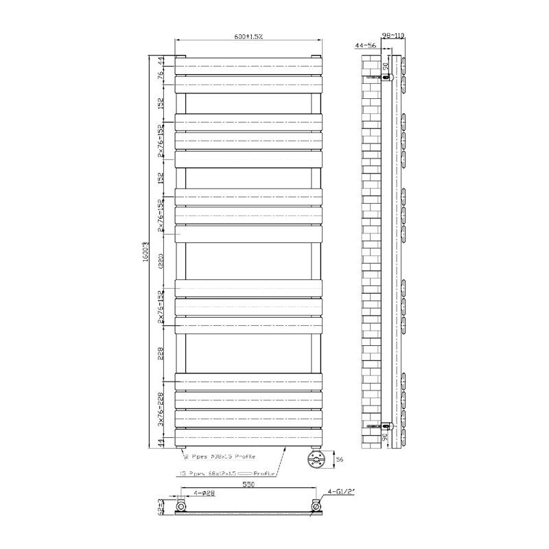 Flat Panel Towel Rail Heated Towel Rails, 160cm H x 60cm W x 6.2cm D, Chrome