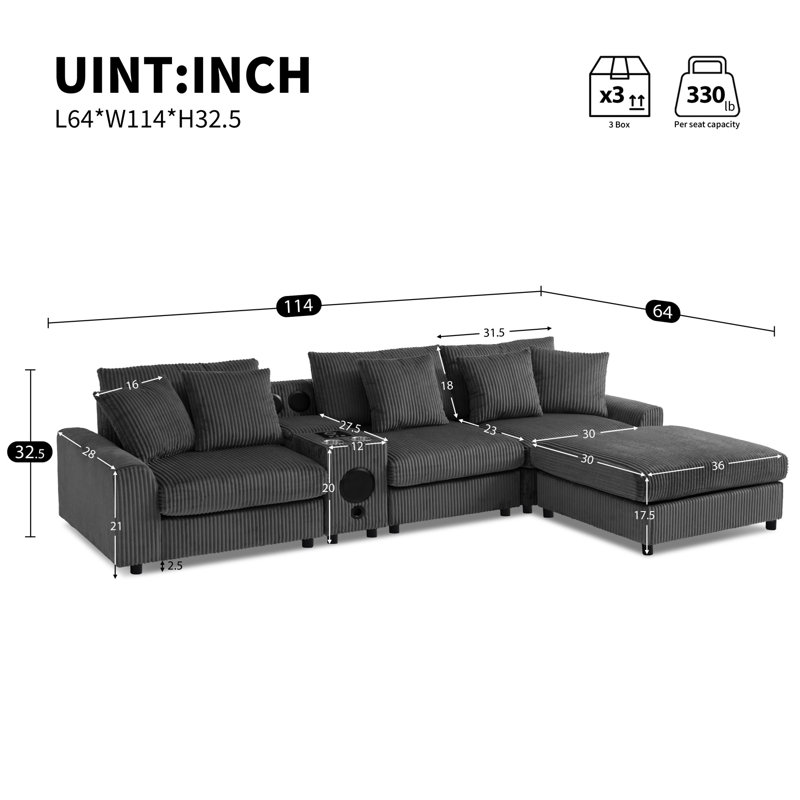 Canapé modulaire 114 po réversible en forme de L avec haut-parleurs Bluetooth et chargeur USB pour le salon