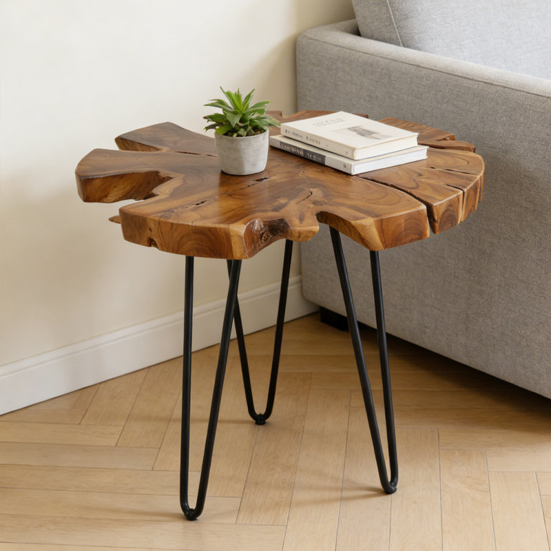 Handcrafted Solid Wood Round Top Hairpin Leg Modern End Table