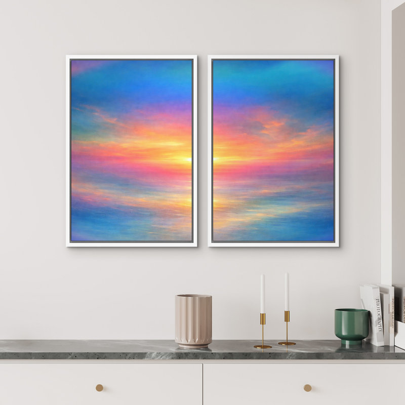 «Pastel Sunset Seascape», reproduction d'art sur toile encadrée, 2 pièces, H 36 po x l 24 po x P 1,5 po, Blanc
