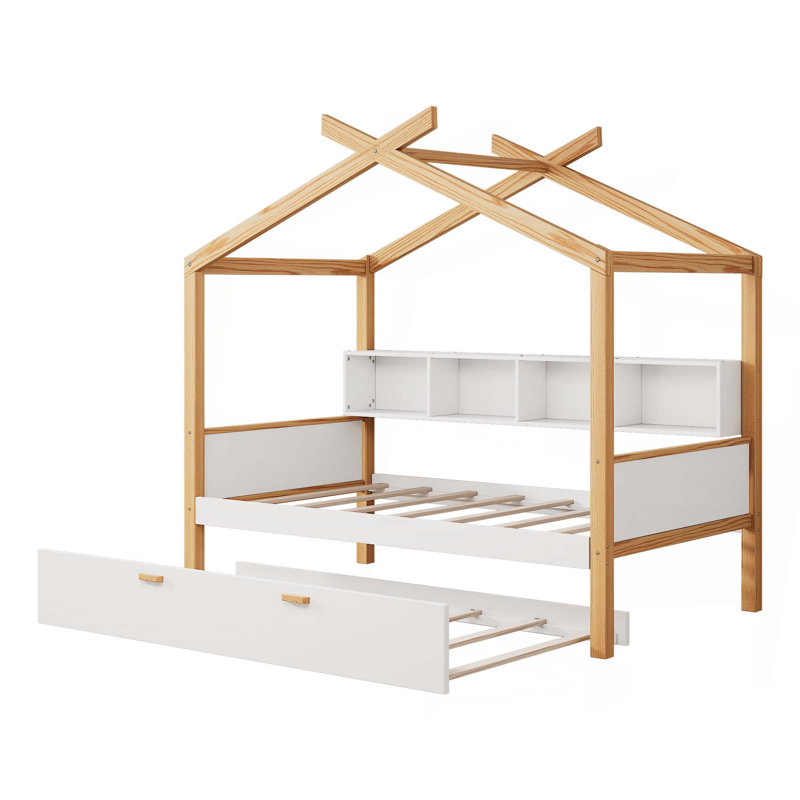 Wooden House Bed with Original Wood Colored Frame Twin Size Trundle and Bookshelf Storage Space, Twin
