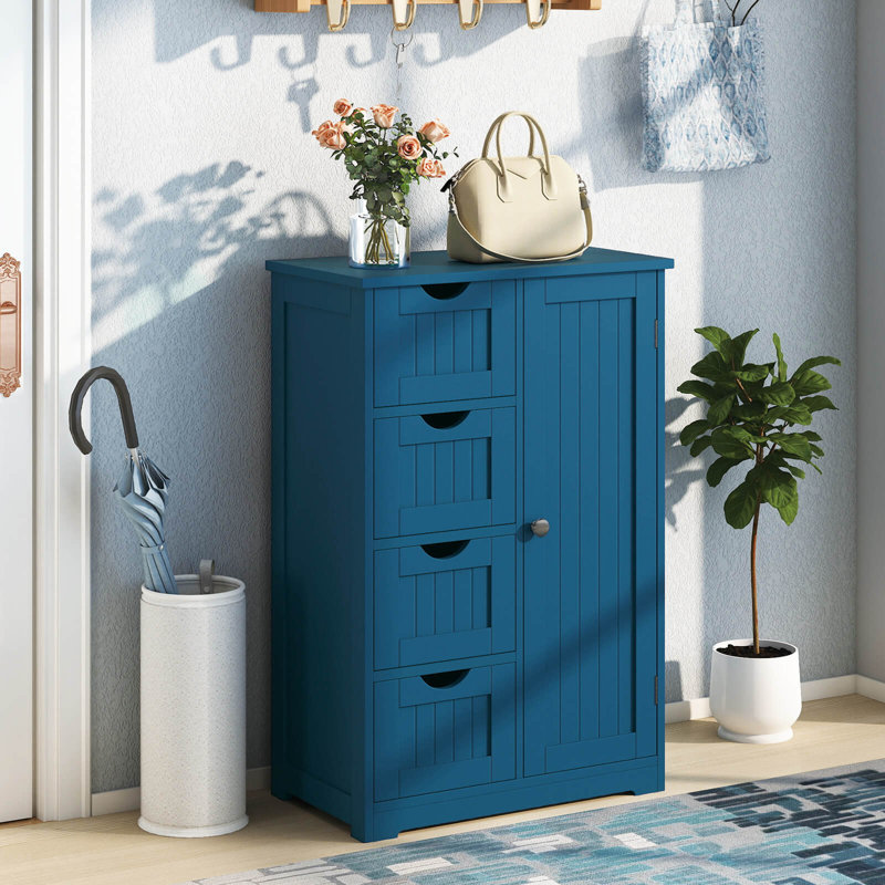 Wooden 4 Drawer Free Standing Bathroom Floor Cabinet Storage Cupboard Adjustable Blue
