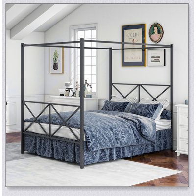 Sturdy Metal Canopy Bed Frame, Queen Platform Bed with X-Shaped Support and Under-Bed Storage, No Box Spring Needed