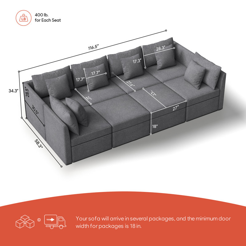 8 - Piece Upholstered Modular Sectional Sofa Convertible L Shaped Couch With Storage Ottoman, Britaney Dark Gray Polyester