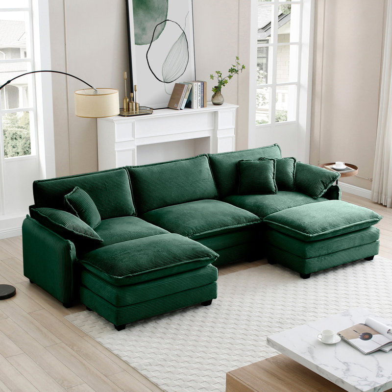 Oversized Modular Cushioned Sofa With Conversible Ottoman, Green, 33.85" H x 115.34" W x 34.25" D