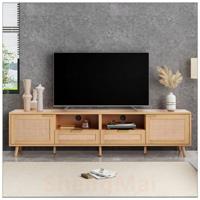 Meuble télé en rotin pour téléviseur de 85 po ou moins, console multimédia de style campagne moderne avec pieds en bois massif et beaucoup de rangement