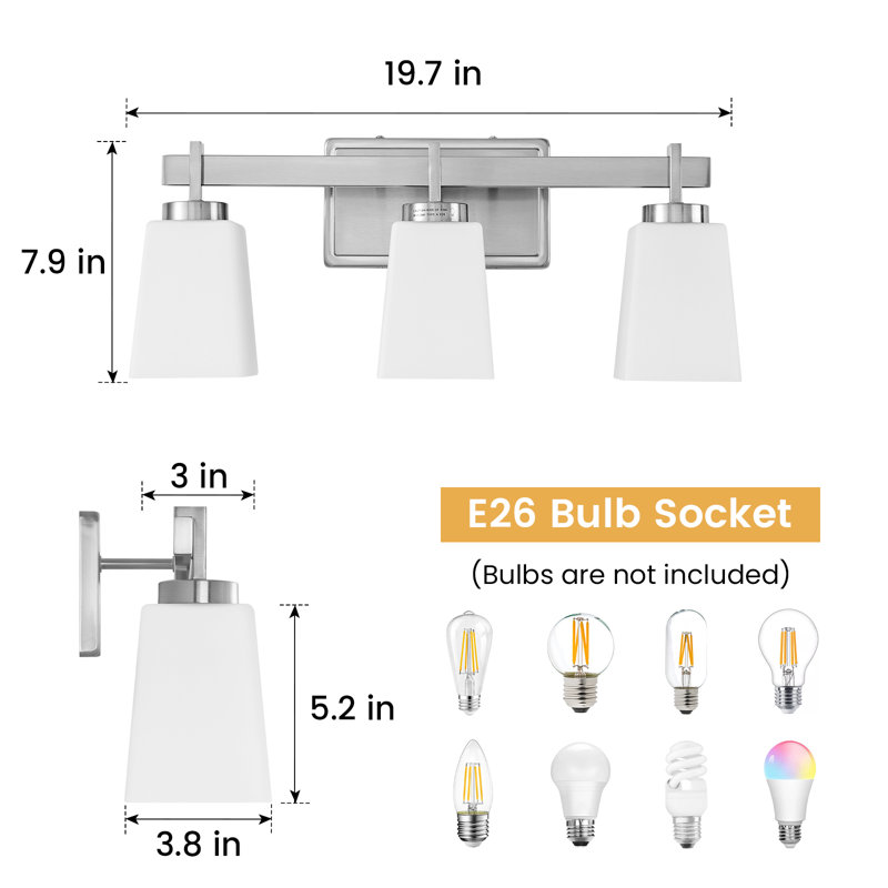 ETL Certificated Vanity Light with Milk Glass Shades, Modern Bathroom Light Fixture, 3, Brushed Nickel