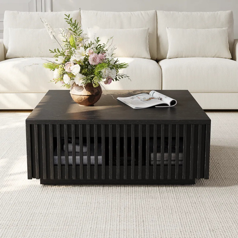 Table basse carrée en bois avec rangement 31 po Aeolus, entièrement assemblée, Noir