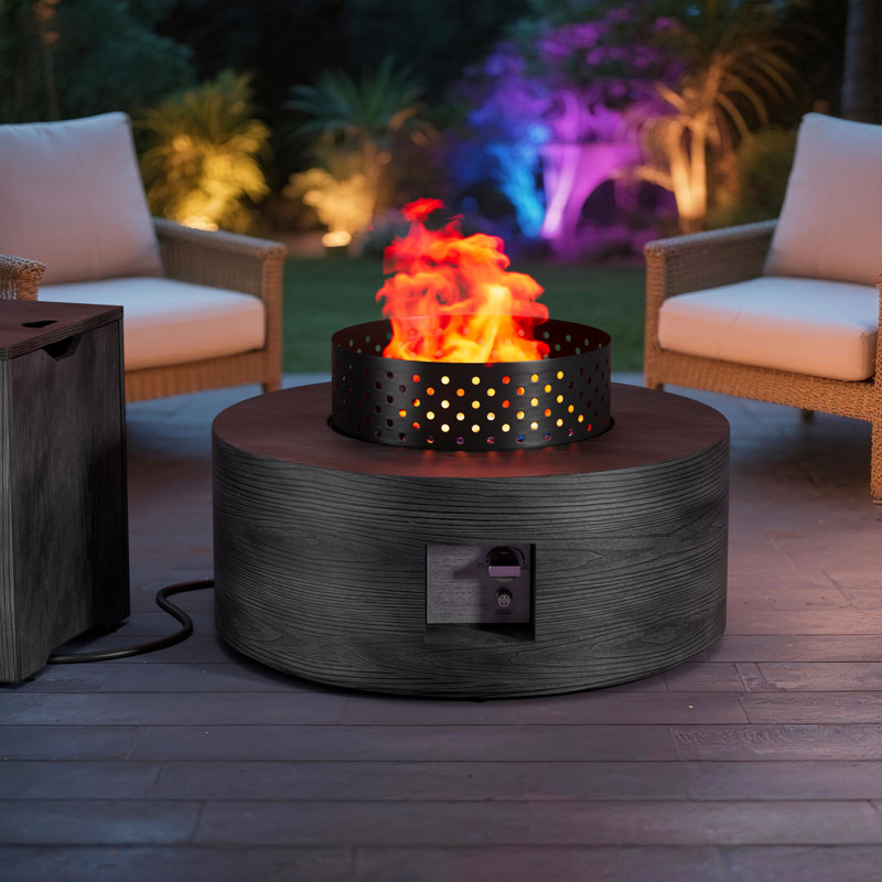 Table ronde pour foyer d'extérieur au gaz propane de 13,5 po x l 30 po de 50 000 BTU comprenant une grille de pare-brise, un couvercle, une housse imperméable et une table de rangement pour réservoir
