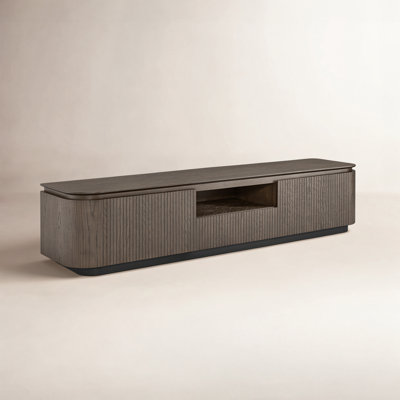 Mira Walraven 79" Modern Dark Oak TV Stand with Fluted Doors, Open Storage & Matte Black Base