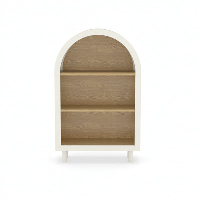 Petite bibliothèque arquée, armoire de rangement arquée, bibliothèque supérieure arquée en bois moderne avec 3 tablettes, blanc avec tablettes en grain de bois, étagère de rangement à 3 niveaux pour le salon, la chambre à coucher, le vestibule