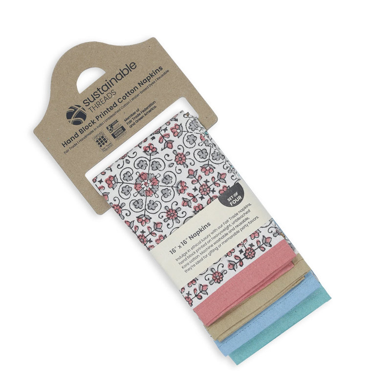 Serviettes en coton | Imprimé à la main | 16 po x 16 po, Blue/Teal/Beige/Red Floral