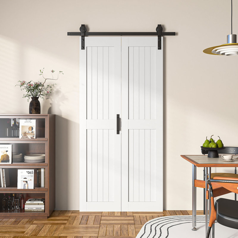 84'' Double Panelled Bifold Sliding Barn Door Solid Manufactured Wood Interior Bi-Fold Barn Door With Installation Hardware Kit 36'' X 84''