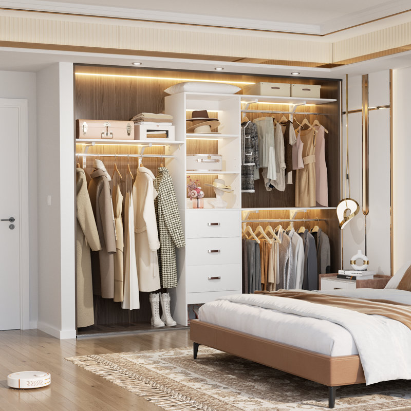 Système d'organisation l 20,2 po à 96 po avec tiroirs en bois et tringles de suspension (coupés sur mesure), Blanc