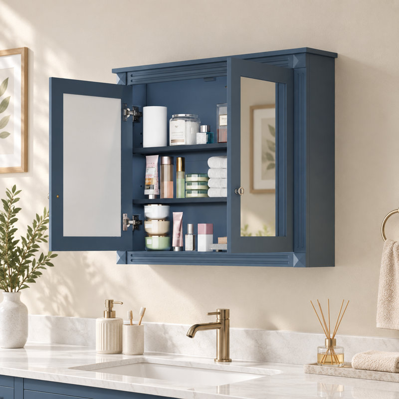 Armoire de salle de bain murale bleue avec miroirs, 91 x 72,5 cm, bois massif et MDF, 2 tablettes réglables